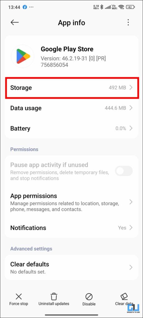 Storage options in play store settings