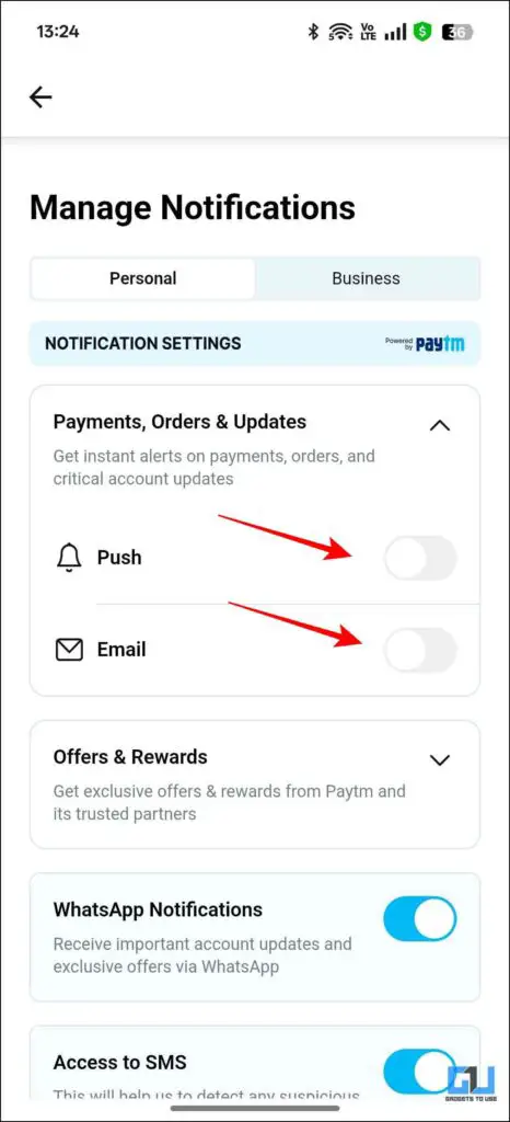 Toggle Off for Push and Email