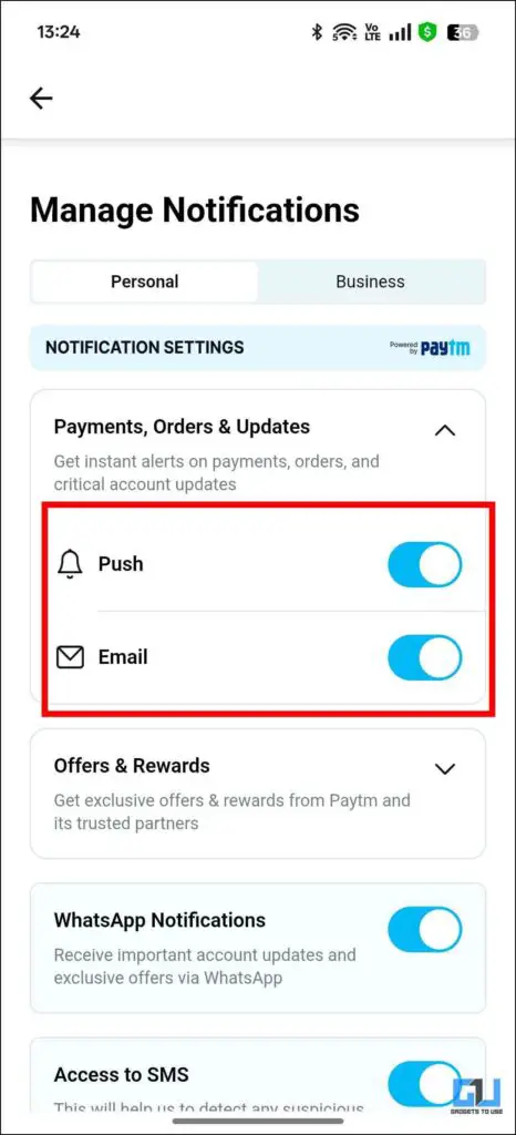 Toggle On for Push and Email