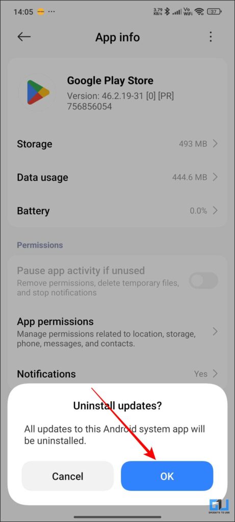 Uninstall update confirmation