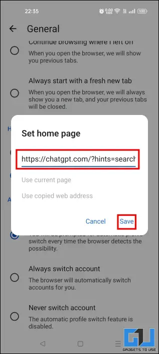 Set chatgpt as the edge of the default search engine on your phone