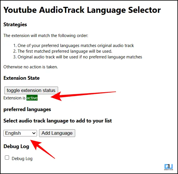 Status active and language selected