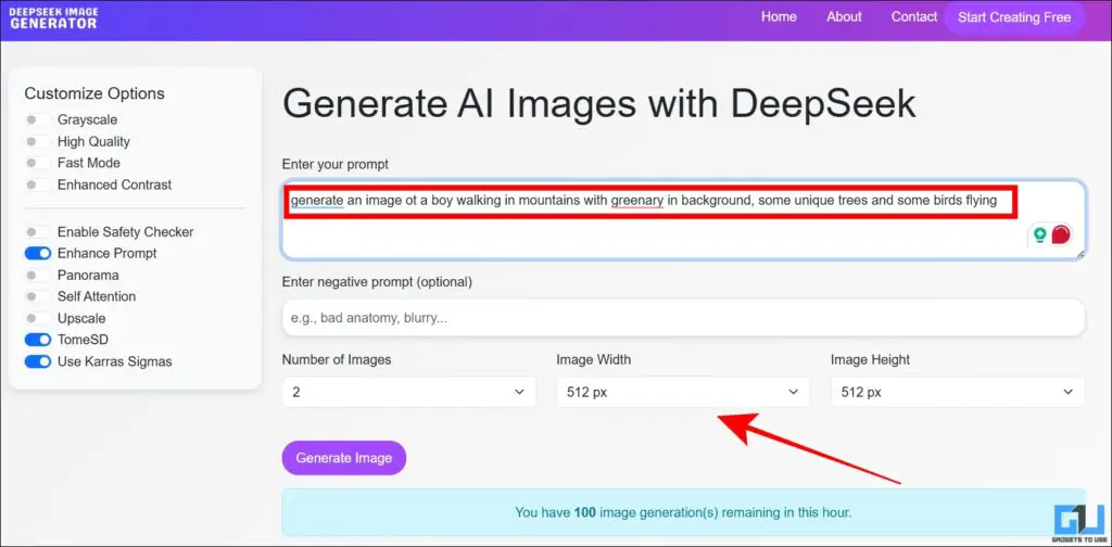 Enter a prompt in DeepSeek Image Generator