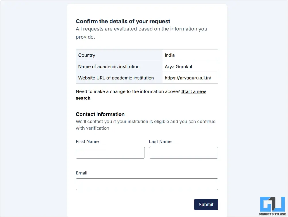 create request for adding school on SheerID