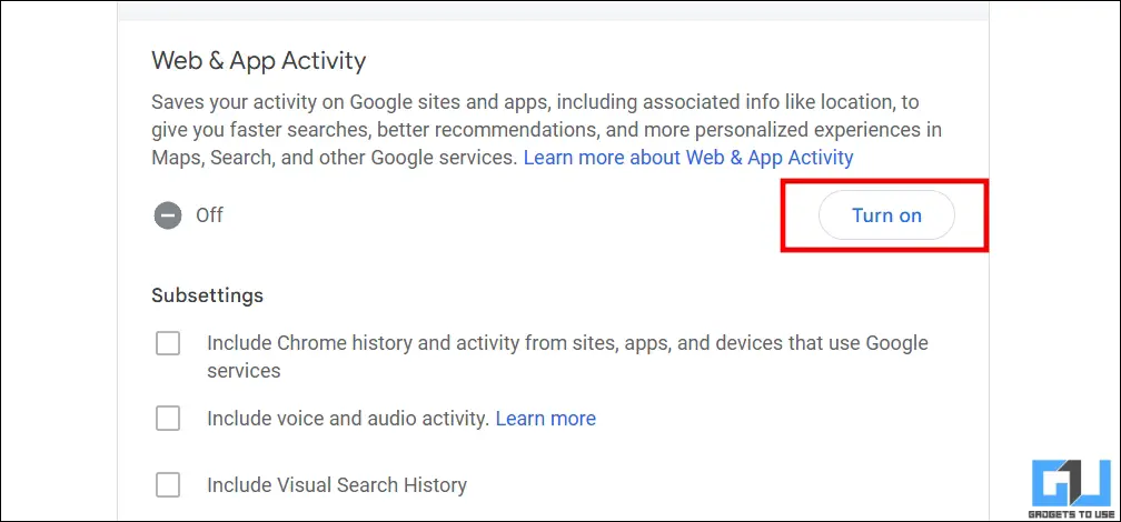 enable web and app activity