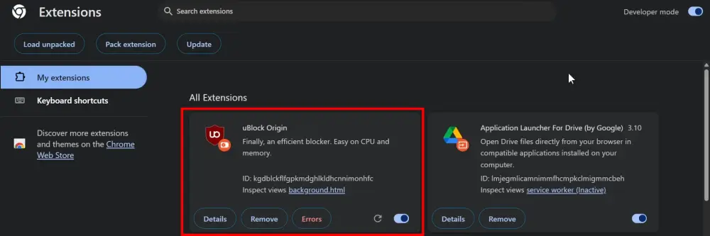 uBlock Origin extension in Google Chrome