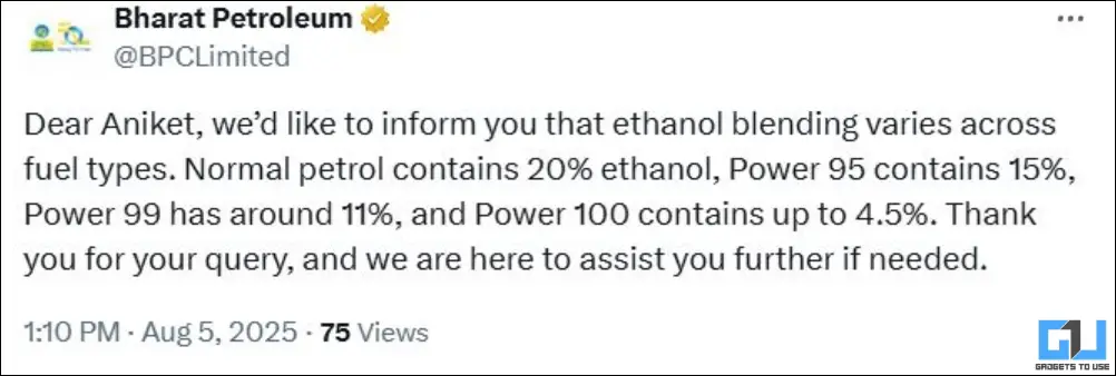 BPCL confirmation on ethanol blending