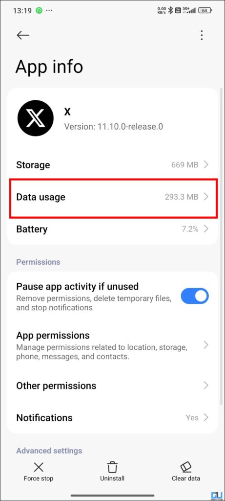 Data Usage option