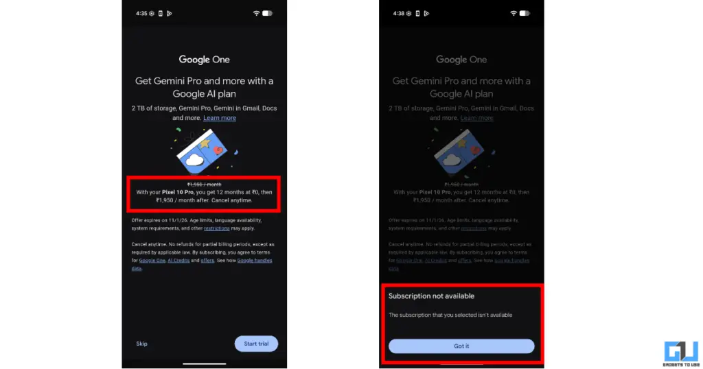 Google AI Pro Plan Error on Pixel