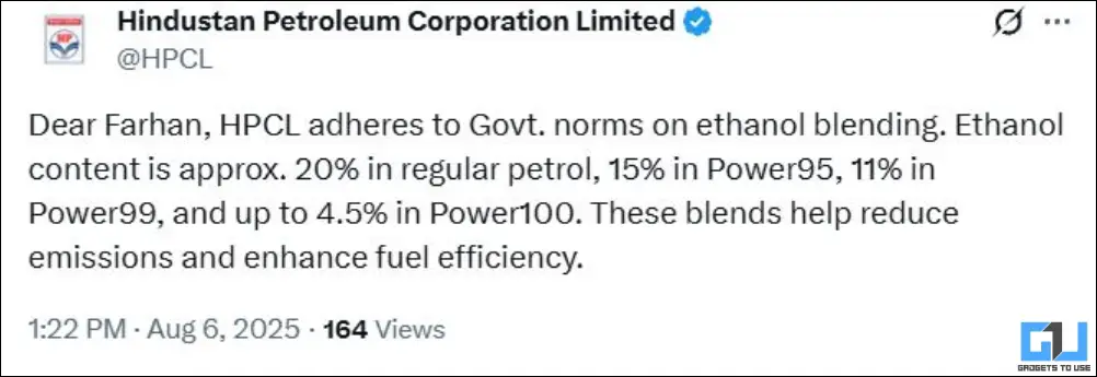 HP confirmation on ethanol blending