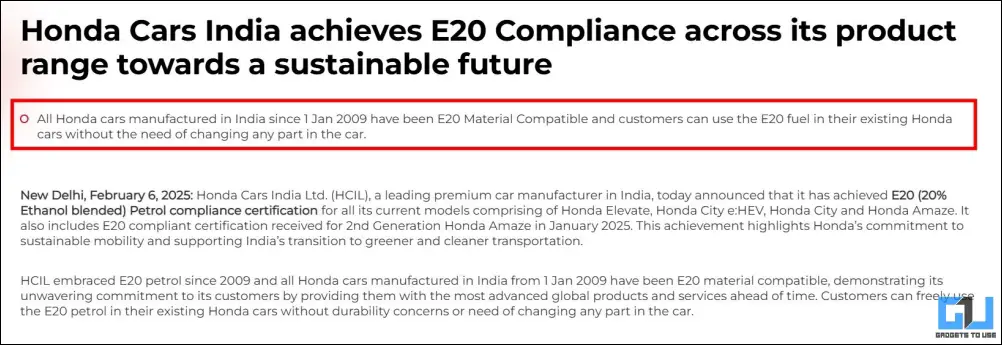 Honda cars E20 fuel compatible