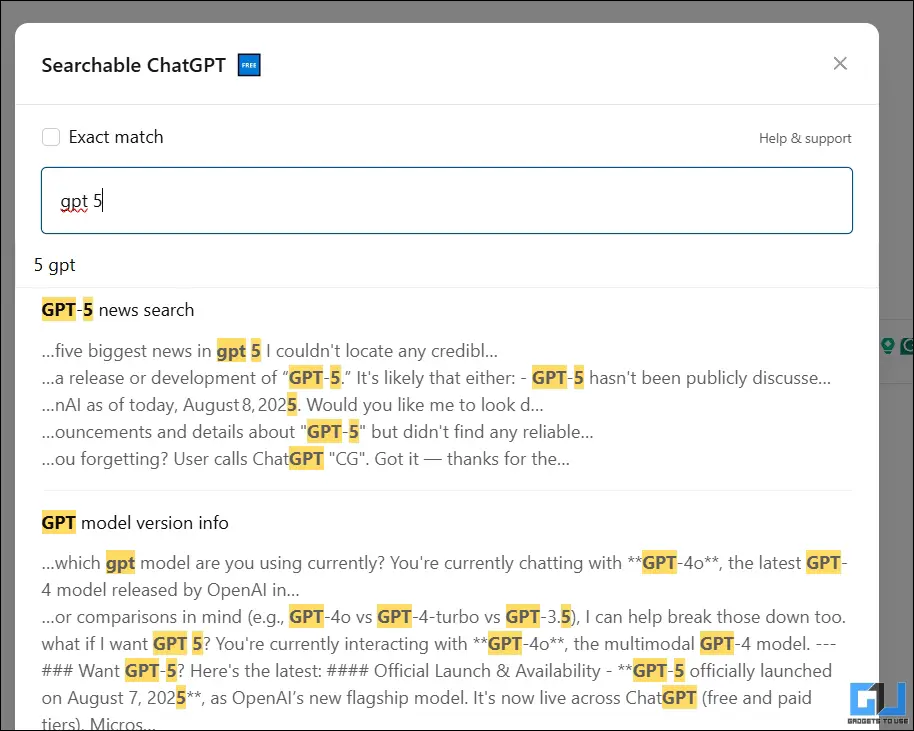 search results from ChatGPT history