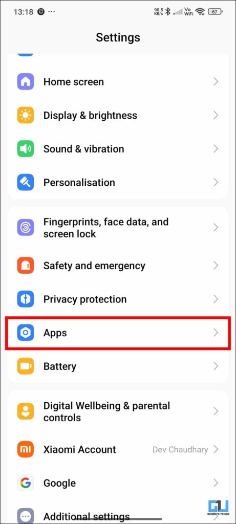 App in settings