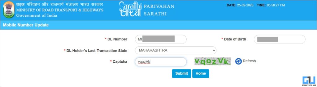 enter driving license details on sarathi portal