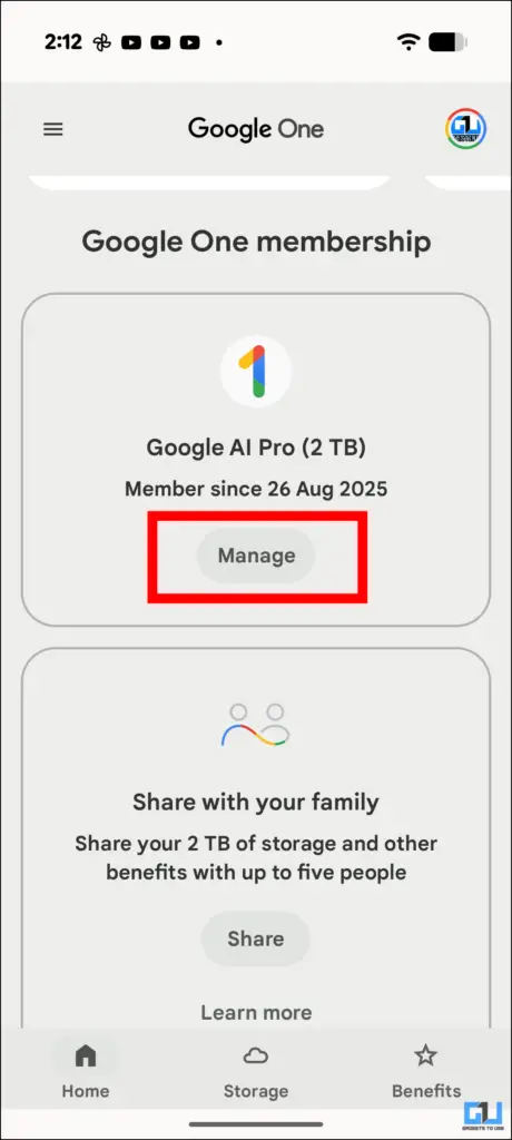 Manage button on Google One