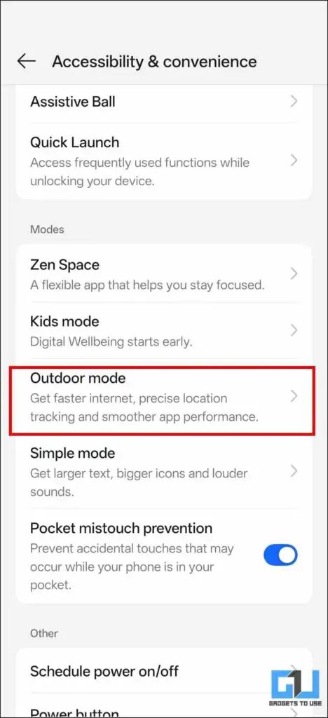 Outdoor mode tab in Accessibility and Convenience