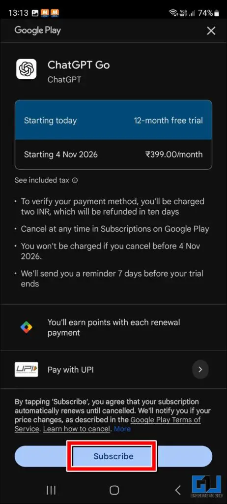 Subscribe Button in Gpay
