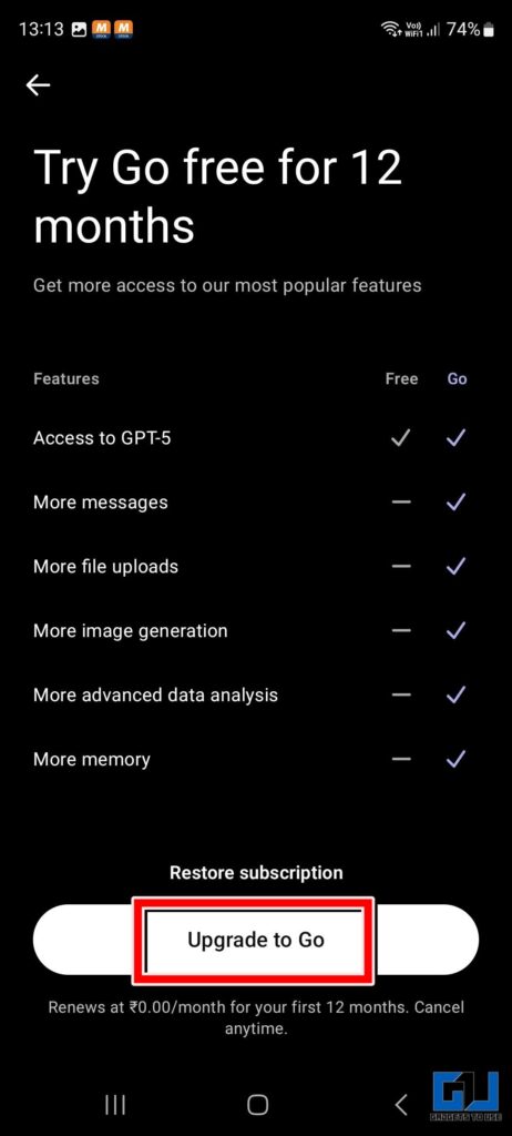 Upgrade to Go button