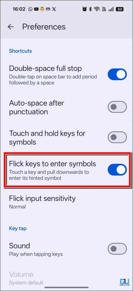 Toggle On flick Keys