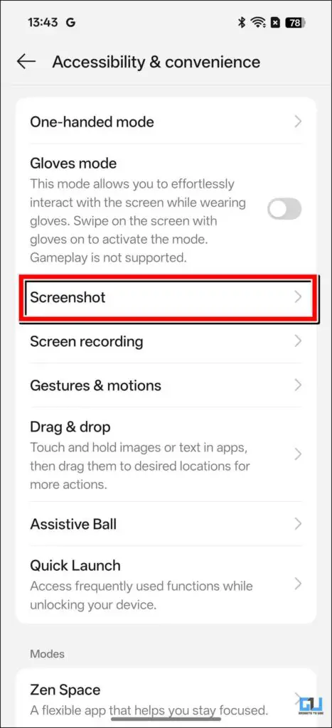 screenshot options in settings