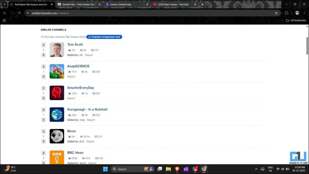 List of similar channels on the channel page