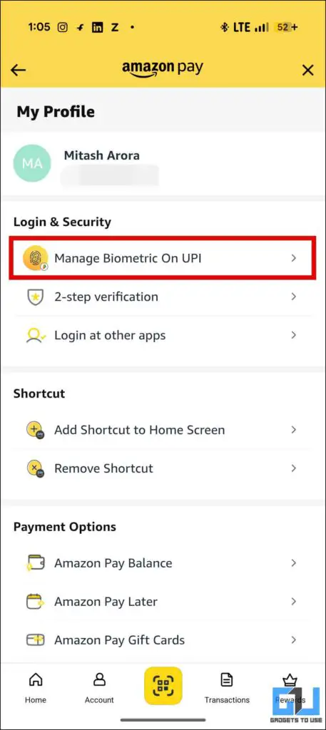 manage biometrics option