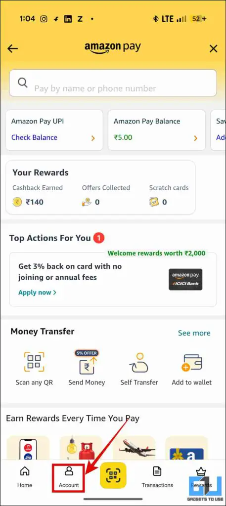 account section in amazon pay