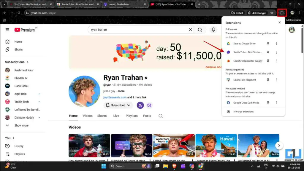 opening the extension while the youtube channel is open