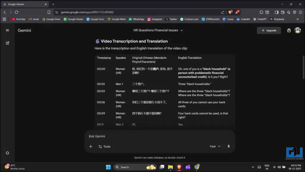 Translated result from Gemini