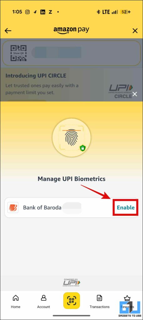 enable the option for selected bank account
