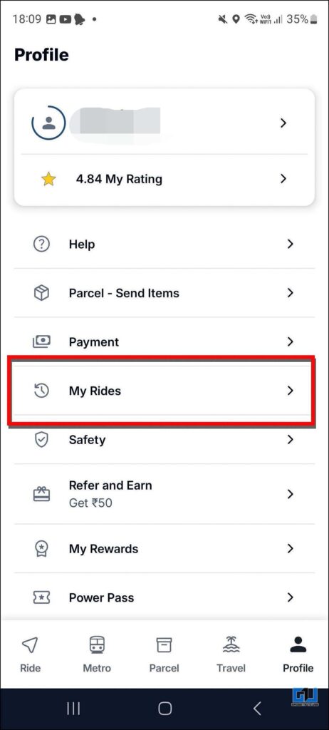 How to Download Trip Invoice On Rapido App 3 click on my rides