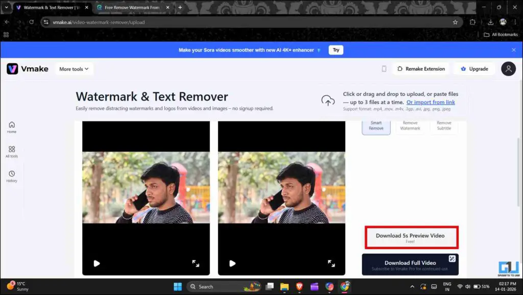 We Tested 2 Free AI Video Watermark Removers, Here Are Results 3 Download option on Vmake