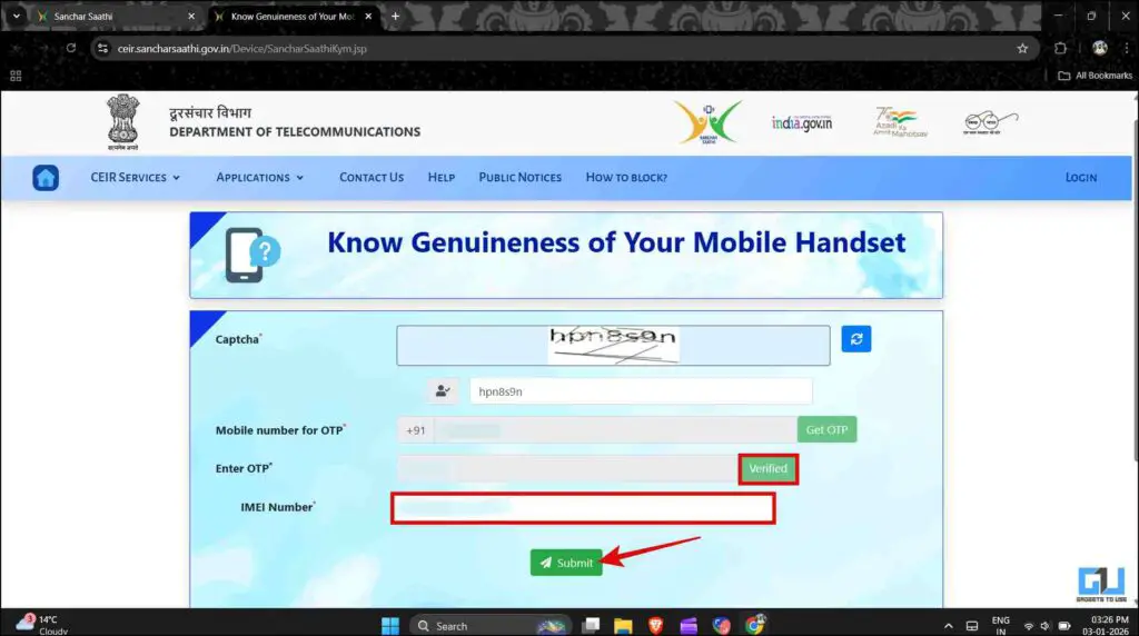enter imei and submit