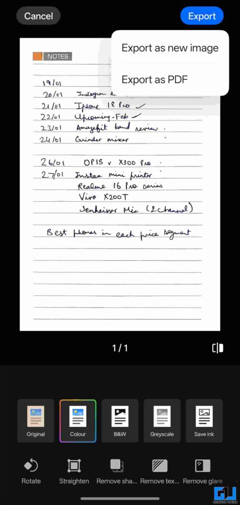 edit and export options