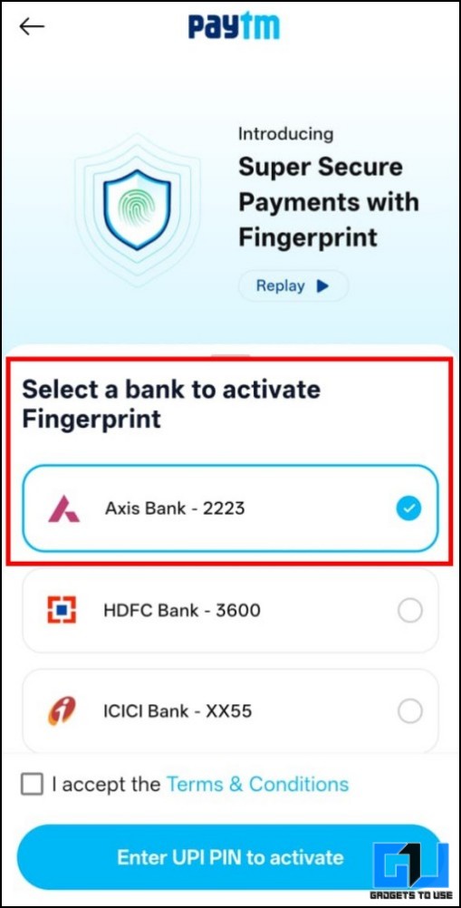 select bank account in paytm