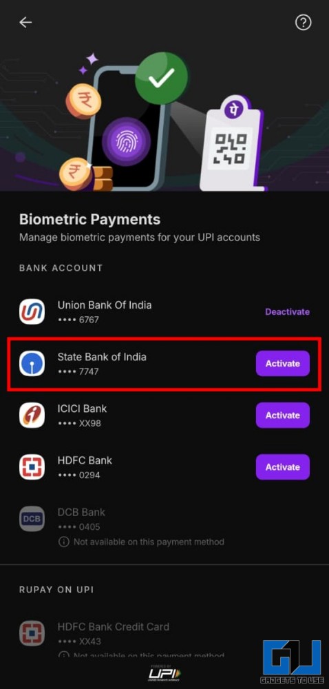 select bank account in phonepe